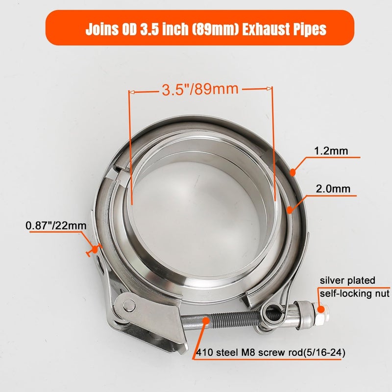 eLifecenter 2 Pack 3-1/2 inch Exhaust V Clamps Stainless Steel with ID 3.5" Male Female Flanges v-band Clamp Quick Release Latch Bolt - Image 2